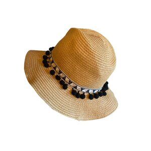 Wide Brim Straw Sun Hat With Black Pom Pom Trim & Geometric Band - One Size Fits